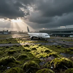 abandoned airport in downtown London, moss, atmospheric, kodak, fuji film, photoreal, 12k ursa, volumetric light, cinematic photograph concept art, intricate, artstation, studio ghibli, eddie mendoza, james chadderton