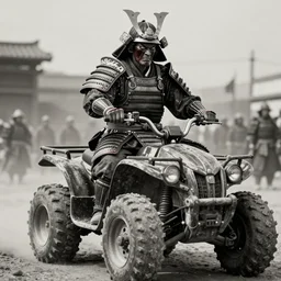 vertical movie frame with heavy furious warrior riding ancient wooden atv,  armor inspired by feudal japan and fashion, strong blooded body,  brutal blooded symmetrical face, epic,cinematic lighting, award winning, establishing shot, extremely high detail, photorealistic,  brutal, provocative , cinematic lighting, artstation, octane render, dark fantasy ,old photo, vintage, black and white, sepia, old photography, documentary photography