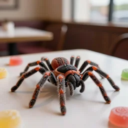8 5 mm photography of a spider made of candies at a restaurant. highly detailed 8 k. intricate. lifelike. soft diffused light. nikon d 8 5 0.