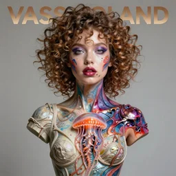 Vass Roland cover art body art future bass girl un wrapped statue bust curls of hair petite lush front view body photography model full body curly jellyfish lips art contrast vibrant futuristic fabric skin jellyfish material metal veins style of Jonathan Zawada, Thisset colours simple background objective
