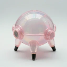 high fidelity film photographic anthropological alien object study. iridescent hard surface machine, rubber nib feet, button interface. pastel pink perspex. three point light. soft focus.