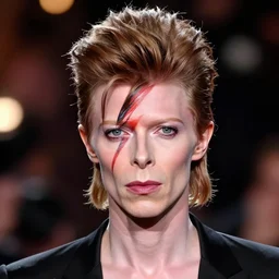 headshot of david bowie's face morphed into actress tilda swinton's face, androgynous ziggy stardust, bokeh