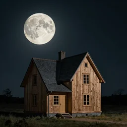 house in the wood, big moon, artwork by Rene Magritte, night, pinhole analogue photo quality, monochrome, blur, unfocus, cinematic, 35mm, minimal