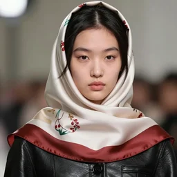 ektachrome, youthful asian demure, exquisite features, wearing queen mother silk scarf, feminine cut, frontiers in flight leather, sebastian faena