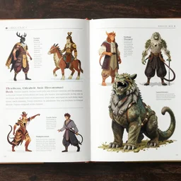 page scan of fantasy characters & monsters encyclopedia, diagrams and detailed color illustrations, insanely detailed, informative texts and graphs