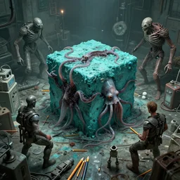 pencils of brutalist medical chaos, aqua battle, unsymmetrical, horror squid as cube, surrounding med equipment, abandoned, by v finlay, wayne d barlowe, giger, stefano tamburini, torch light, muted colors, epic, hyper detailed, awe inspiring, award winning horror, hyper realism, cinematic