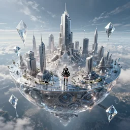 glass in the sky, beautiful landscape, highly detailed, machine planet, buildings, anime girl, alien utopia, metallic surface, diamond trees, advanced technology, nier automata, cinematic lighting, sharp focus, artstation, intricate, masterpiece, art by maria panfilova and dylan kowalski and huifeng huang
