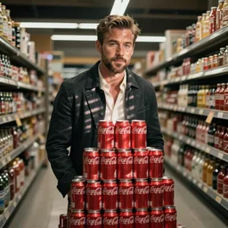 Ryan gosling stacking coca cola cans in supermarket