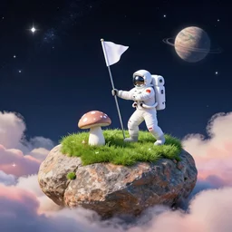 a boulder with grass in the middle of the screen, on the boulder stands an astronaut ramming a flag in the shape of a mushroom into the ground, in the background you can see stars and a planet, at the edge of the picture are colorful clouds