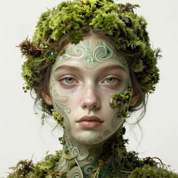 A portrait of a girl covered in moss, face, intricate, elegant, highly detailed, digital painting, artstation, concept art, smooth, sharp focus, illustration, art by Krenz Cushart and Artem Demura and alphonse mucha