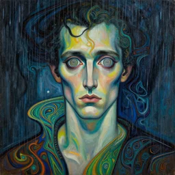 8 0 s art deco close up portait of a man with spiral eyes, rain like a dream oil painting curvalinear clothing cinematic dramatic cyberpunk textural fluid lines otherworldly vaporwave interesting details fantasy lut epic composition by basquiat zdzisław beksinski james jean artgerm rutkowski moebius francis bacon gustav klimt