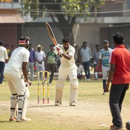 a man playing street cricket with friends in indian, with the wickets visible, extremely detailed, high human appeal, real life image, national geographic award winning image, taken from dslr