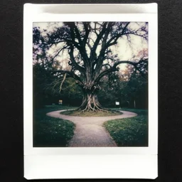 a narrow, winding path that leads to a small, circular clearing. in the center of the clearing is a large tree with a strange, gnarled appearance. scary, grotesque, old photo, polaroid