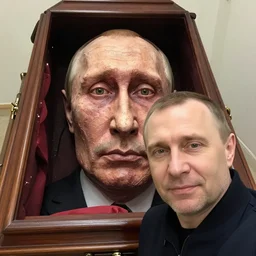 alexey navalny takes a selfie in front of dead rotten face of putin in coffin, insane details, clear face and eyes, textured, 8 k, professional photography