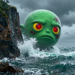 the pain is splattered on the sad monster's green face on a rainy day with stormy waves crashing against a cliff, red and yellow eyes, cyberpunk ocean, unreal engine