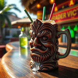 a closeup photorealistic photograph of a ben grimm style tiki mug sitting at an outdoor trader vic's bar featuring ben grimm's face. fantastic four theme. icy colorful drink. bright scene. fine detail. this 4 k hd image is trending on artstation, featured on behance, well - rendered, extra crisp, features intricate detail, epic composition and the style of unreal engine.
