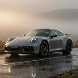parked Porsche sports car, fog, rain, volumetric lighting, beautiful, golden hour, sharp focus, ultra detailed, cgsociety