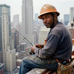 closeup portrait of a construction worker with a fishing rod sitting on a metal beam high over new york city, photography, Steve McCurry