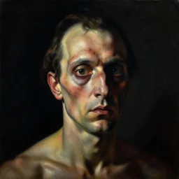 oil painting with black background by christian rex van minnen rachel ruysch dali todd schorr of a chiaroscuro portrait of an extremely bizarre disturbing mutated man with acne intense chiaroscuro cast shadows obscuring features dramatic lighting perfect composition masterpiece