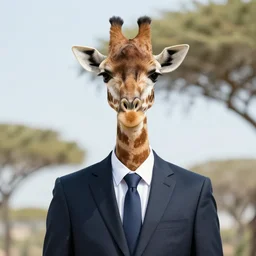 giraffe wearing a suit and tie, ready for a meeting
