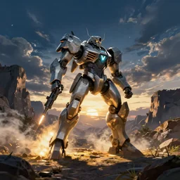 armored core v by liam wong, legs, booster flares, laser rifle, smoke, karst landscape, outdoor, dark blue sky, clouds, wilderness ground, golden time, twilight ; wide shot, digital painting, photoreal, cinematic contrast, dynamic backlighting, sharp edge, motion blur