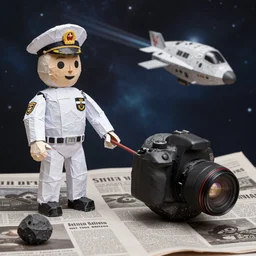 a space admiral towing asteroid, with spaceship, space backdrop, everything made of papier - mache canon 5 d 5 0 mm lens, diorama, newspaper,