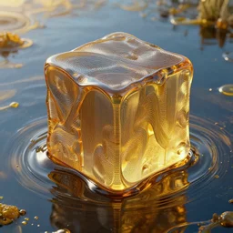 an 4 d liquid cube, surrounded by lake of oil, intricate details, liquid shape, detailed lines, artstation, epic background, reshift 3 d, houdini, daily render