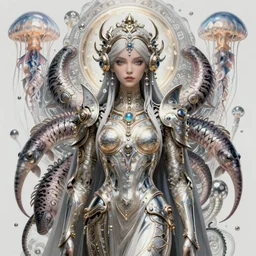 intricate fanart front pose portrait of an elegant synth - wave siberian war goddess, ancient high tech, beta fish, jellyfish, tigerfish, squid, armor, liquid halo, intricate, elegant, highly detailed, digital painting, artstation, concept art, smooth, sharp focus, illustration, art by artgerm and greg rutkowski and alphonse mucha