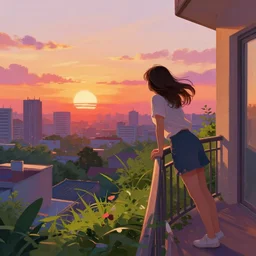a woman on a balcony leaning on the rail overlooking an overgrown city at sunset, digital art, colorful, scenic, powerful