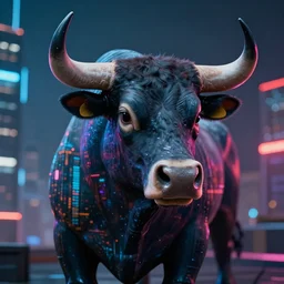 3 5 mm photo of a bull portrait, with doble exposure of a futuristic cyberpunk city, neon, ultra realistic, detailed, bokeh, 4 k.