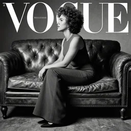 scarlett johansson with afro wearing 1 9 7 0 s bellbottoms clothing, black and white, full body profile, sitting on vintage leather sofa, vogue cover, dramatic lighting