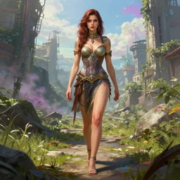 Alexandra Daddario walking alone in a post apocalyptic landscape, overgrown city, fantasy, high detail, elegant, digital painting, cinematic lighting, vibrant, intricate, textured skin, highly detailed, artstation, sharp, focus, HDR, unreal engine 5, breathtaking, illustration, Anna Dittmann, Ilya Kuvshinov, Nikolay Makovsky