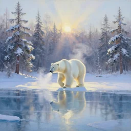 the most beautiful panoramic landscape, oil painting, where a giant dreamy lake is frozen, the trees around have snow over their leafs, a giant polar bear is exhaling steam while walking over the frozen lake, the frozen lake is reflecting the giant polar bear and the ray lights of the sunrise are brightening him, by greg rutkowski