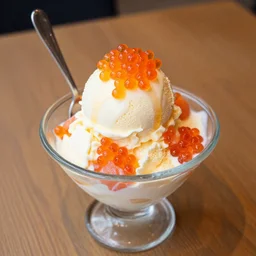 dslr food photograph of salmon roe ice cream sundae, 8 5 mm f 1. 8