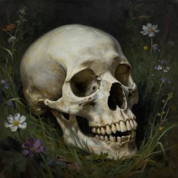 dark painting of decaying bones!! in a meadow of flowers
