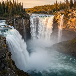 Yellowstone river valley, lower falls, matte painting, golden hour, photorealistic