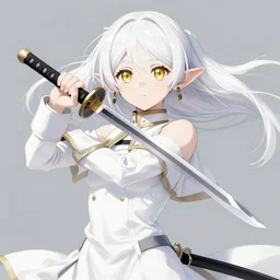 renaissance anime brave elf girl with white skin, katana in hand, wide golden eyes, hair blowing the wind, strong pose, trending art, fashion photography, centered, fate zero, extremely high detailed, bokeh color background, studio ghibly takashi takeuchi makoto shinkai, wlop
