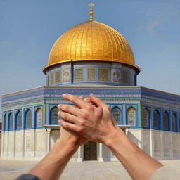 a beautiful oil painting flyer design illustration of dome of the rock jerusalem hands hugging it, intricate, elegant, highly detailed, digital painting, artstation, concept art, smooth, sharp focus, illustration