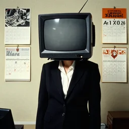 a businesswoman with a tv monitor for a head, surrounded by calendars, beksinski, wayne barlowe