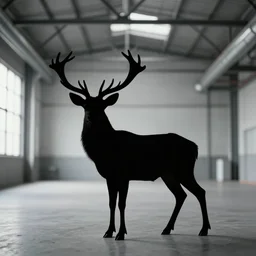 a silhouette of a great deer standing majestic in a large industrial room with small windows, golden light, smoke effect on the floor, backlit, insane details, hypernrealistic photo, trending on artstation