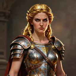 the Greek godess Hera looking angry, rusty armor, portrait, pixel art by Artgerm