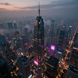 an aerial photograph of a futuristic, blade runner city with heavy atmosphere. Evening, neon lights. Highly detailed. Octane render.