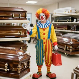 a clown shopping for coffins at a funeral home