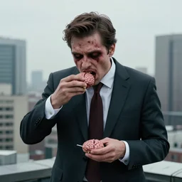 well dressed man in suit eating human brain on a skyscraper rooftop, creepy