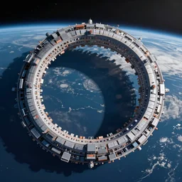 exterior view of a giant ring megastructure city orbiting earth.