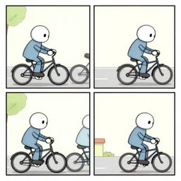 3 panel cartoon strip, robot learns to ride a bike and gets better at it each panel, by bill watterson