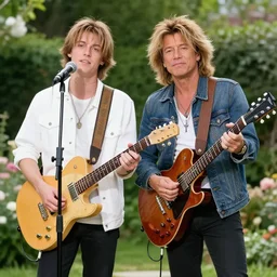 young axl rose and young bon jovi singing a love duet in a beautiful garden, hyperrealistic, sharp focus,