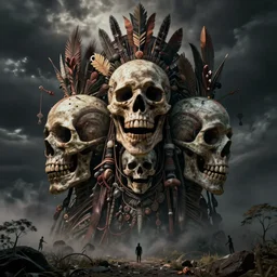 a tribal horror faces in the eternal dream of death body, conceptual horror art