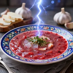 khokhloma plate of borscht, sliced salt on brown bread, hyper realistic, foodphoto, extremely detailed, photorealism, garlic on background, side view, bokeh, epic lightning, yamy, sigma 8 5 mm f 1. 5