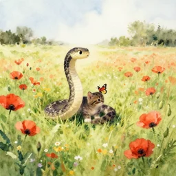 snake shaped kitten hunting butterfly in poppy field, impressionist watercolour study, watercolour landscape, watery watercolour